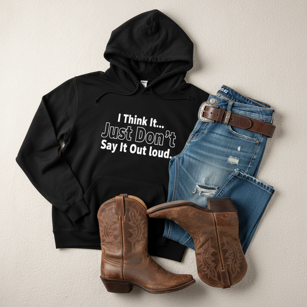 Casual hoodie styled with jeans, cowboy boots, and western belt